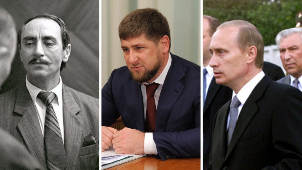 Da destra, i profili di Dzhokhar Dudaev, Ramzan Kadyrov e Vladimir Putin [crediti foto: Dmitry Borko CC BY-SA 4.0, ufficio stampa del Cremlino CC BY 4.0, ufficio stampa del Cremlino CC BY 3.0*]